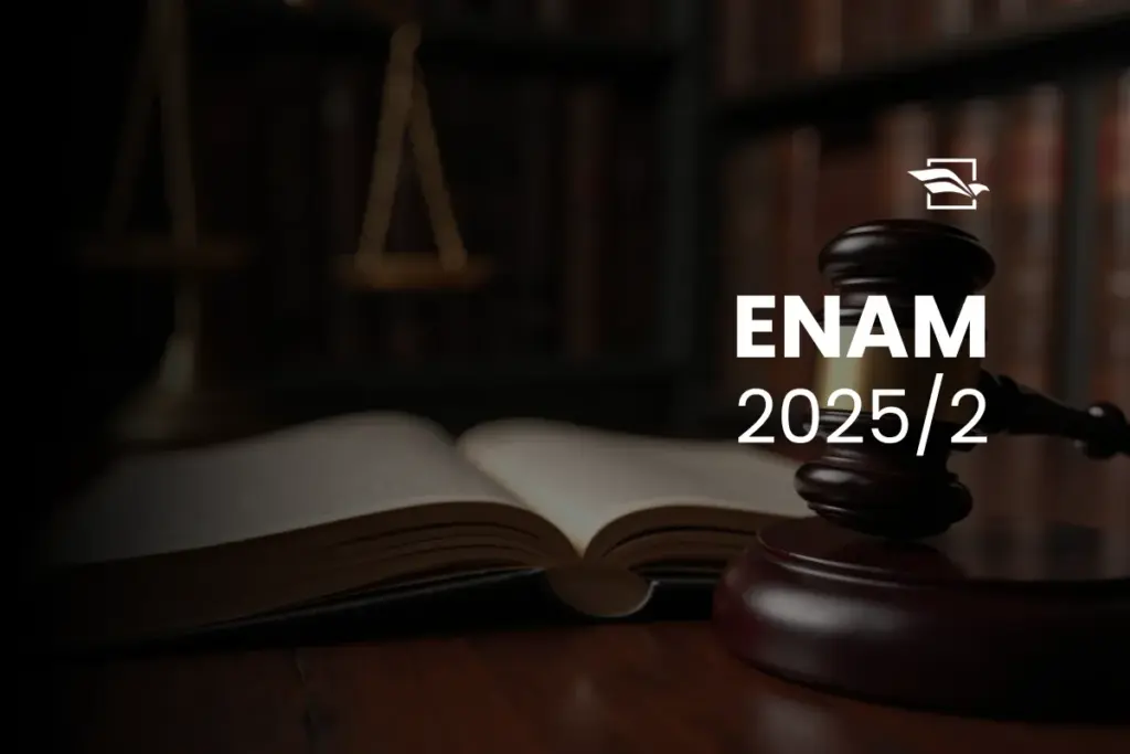 livro de direito aberto ao lado de um malhete e os dizeres ENAM 2025/2