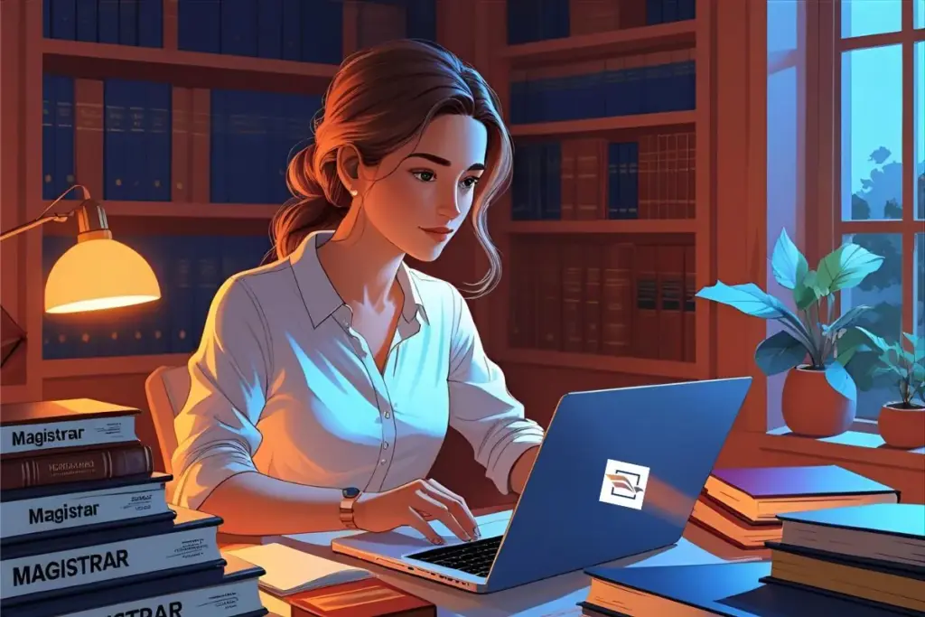 ilustração de uma jovem mulher estudando em um notebook, com vários livros de Direito ao lado