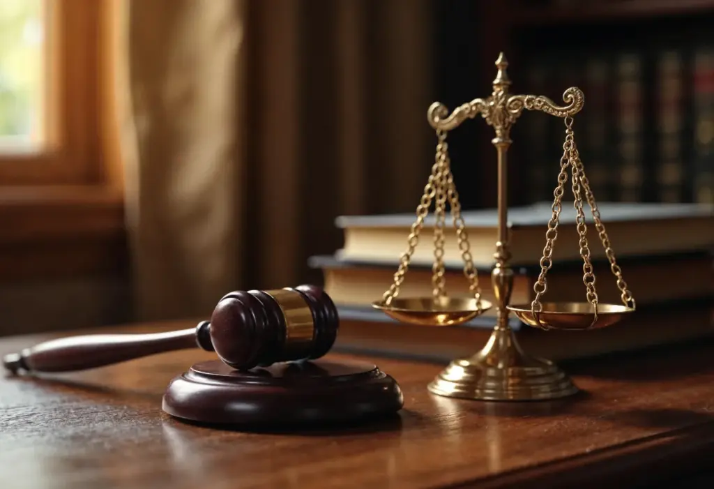 um malhete, uma balança da justiça e livros de direito em cima de uma mesa