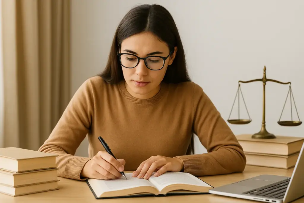 Mulher jovem com livro aberto sob a mesa estudando