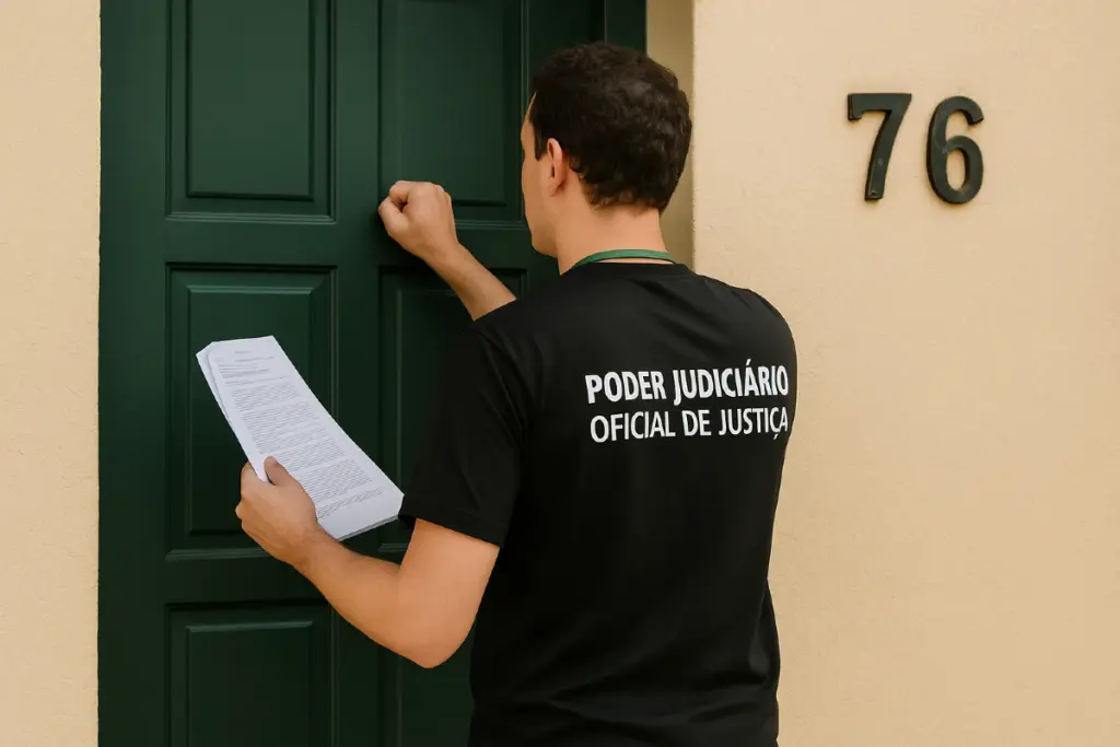 oficial de justiça batendo na porta de uma casa segurando uma folha de intimação