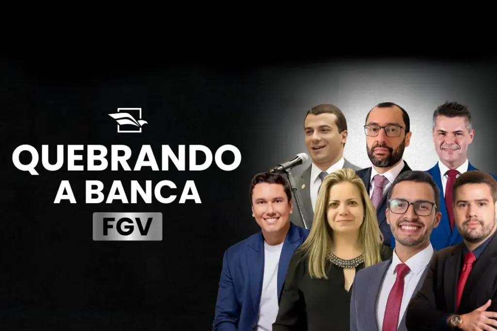 A imagem conta com foto dos professores do aulão do Quebrando a Banca FGV