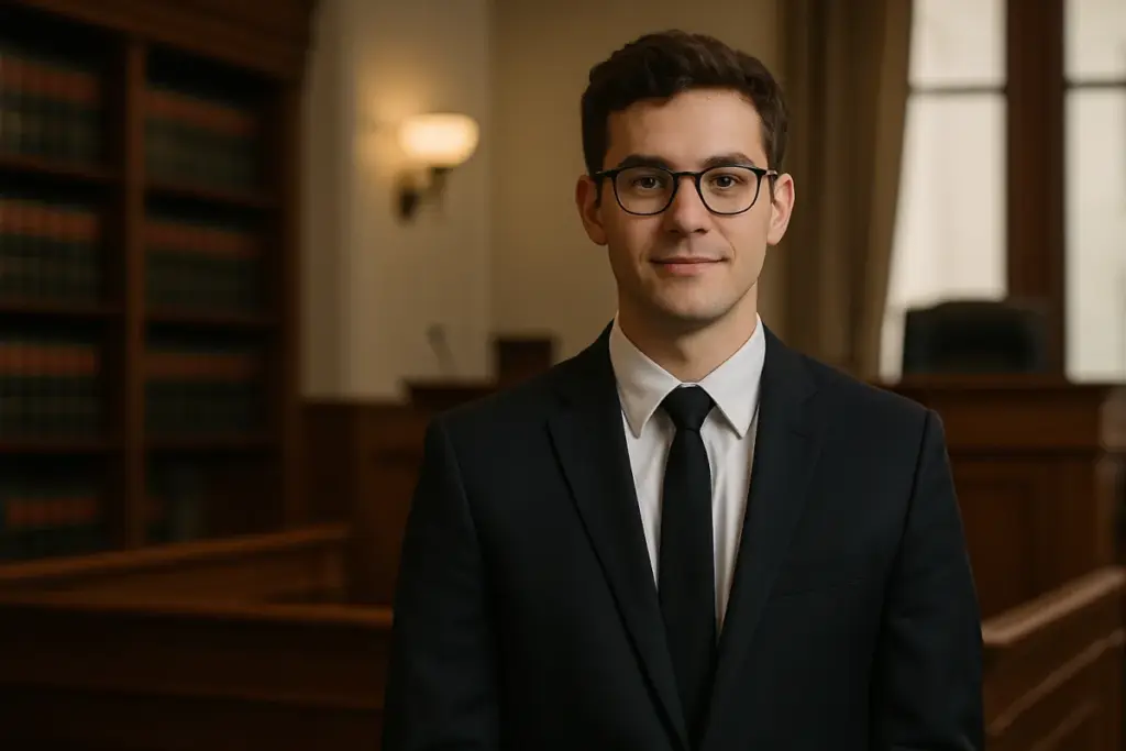 jovem rapaz de óculos usando terno dentro de um tribunal