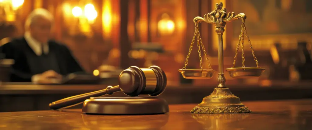mesa com malhete e balança da justiça, com um juiz sentado ao lado