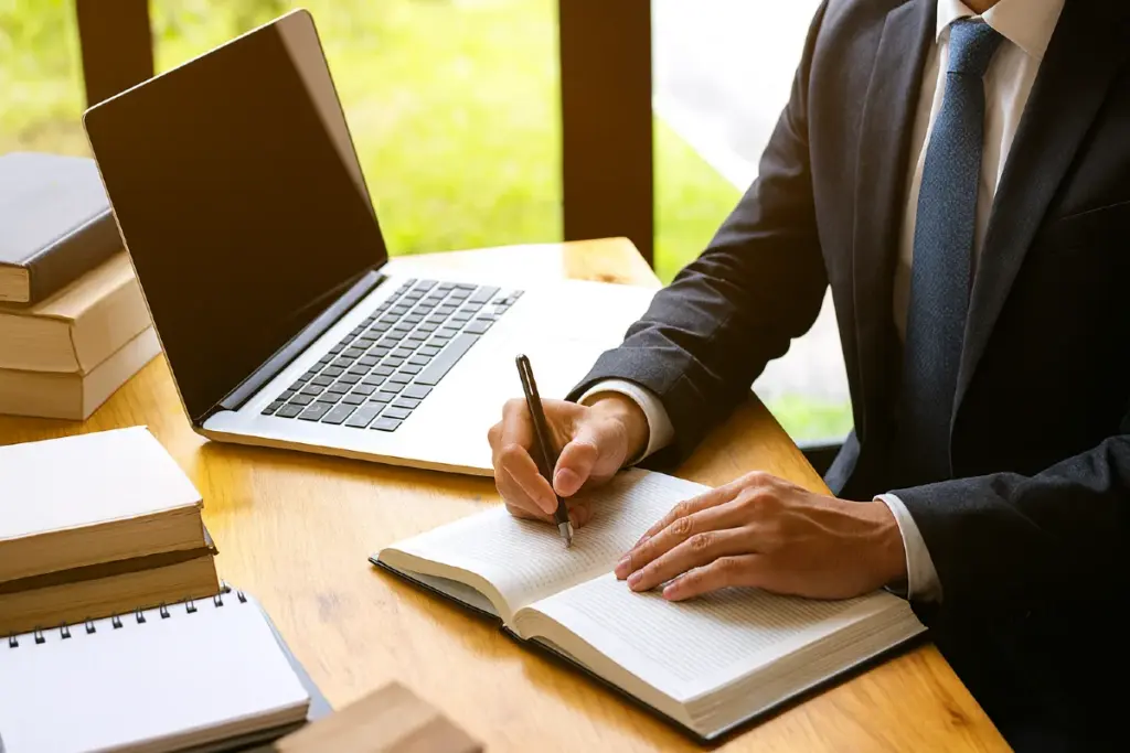 Homem de terno com escrevendo em livro aberto sobre a mesa e notebook