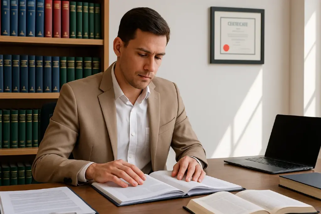 Homem de terno estudando para prova de delegado com livros e notebook sobre a mesa e ao fundo uma estante de livros