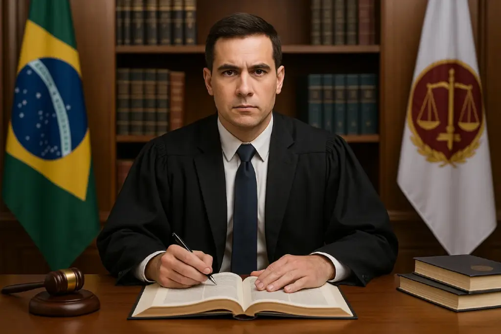 Homem promotor de justiça sentado a mesa escrevendo em livro aberto