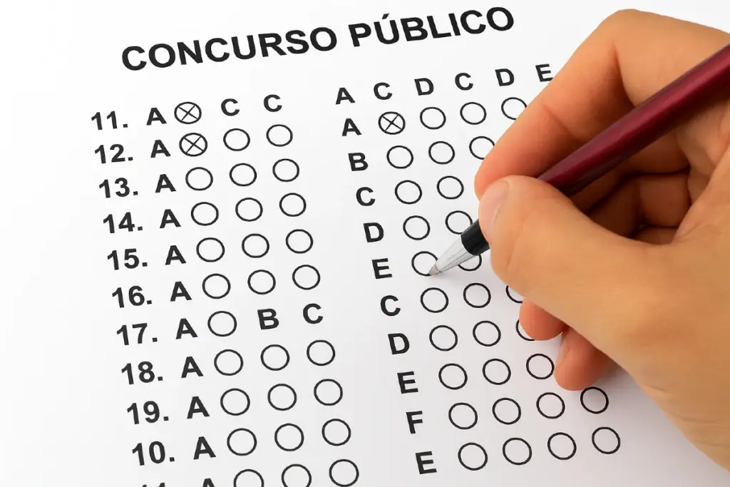 Mão segurando caneta preenchendo gabarito de concurso público