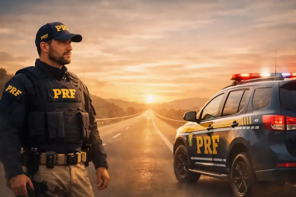 Policial Rodoviário Federal e sua viatura da PRF