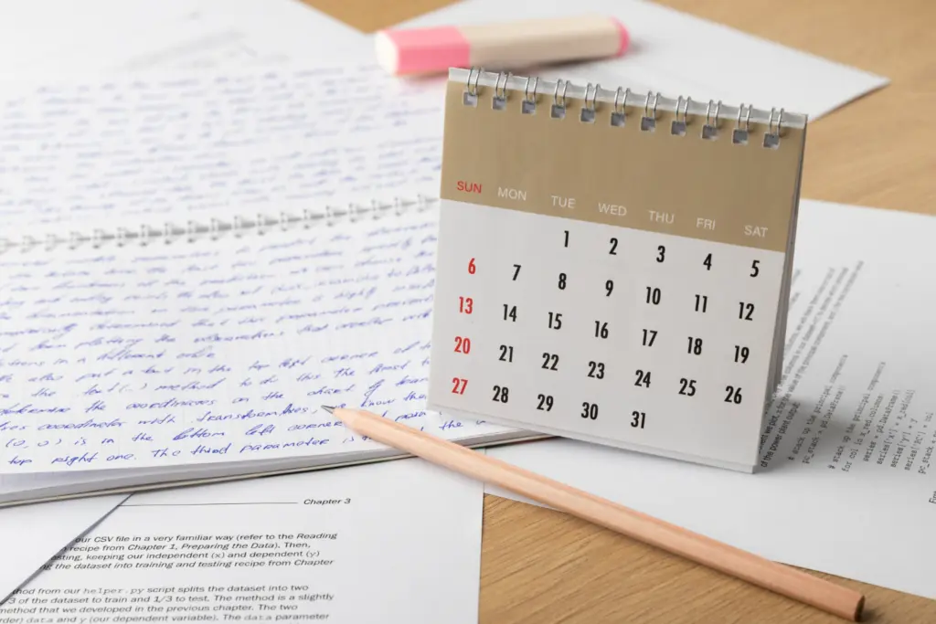 Anotações e calendário em cima da mesa