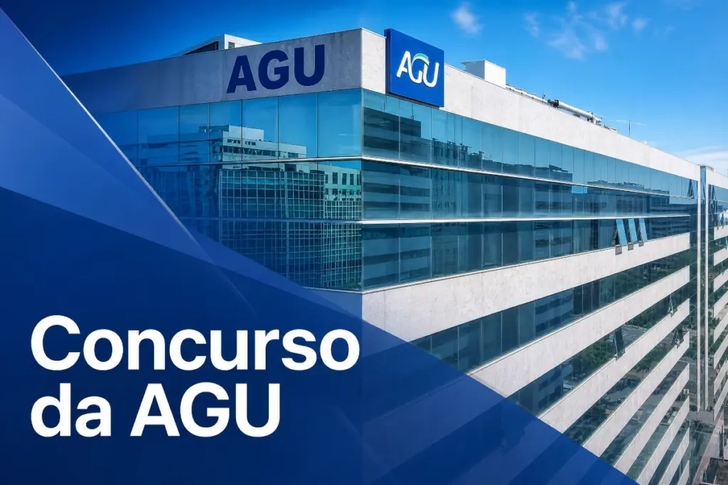 fachada do prédio da AGU com os dizeres Concurso da AGU